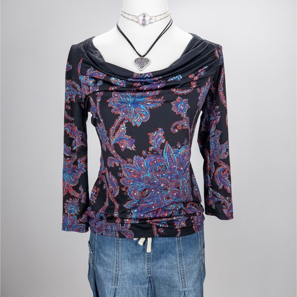 INC International Concepts Tops - Vintage 2000s Slinky Paisley Cowl Neck Long Sleeve Top